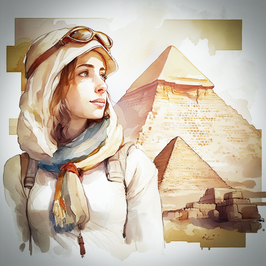 Femme aventurière au pied d'une pyramide en Egypte - Les Comptoirs Imaginaires