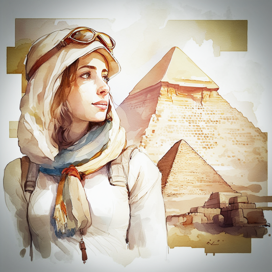 Femme aventurière au pied d'une pyramide en Egypte - Les Comptoirs Imaginaires