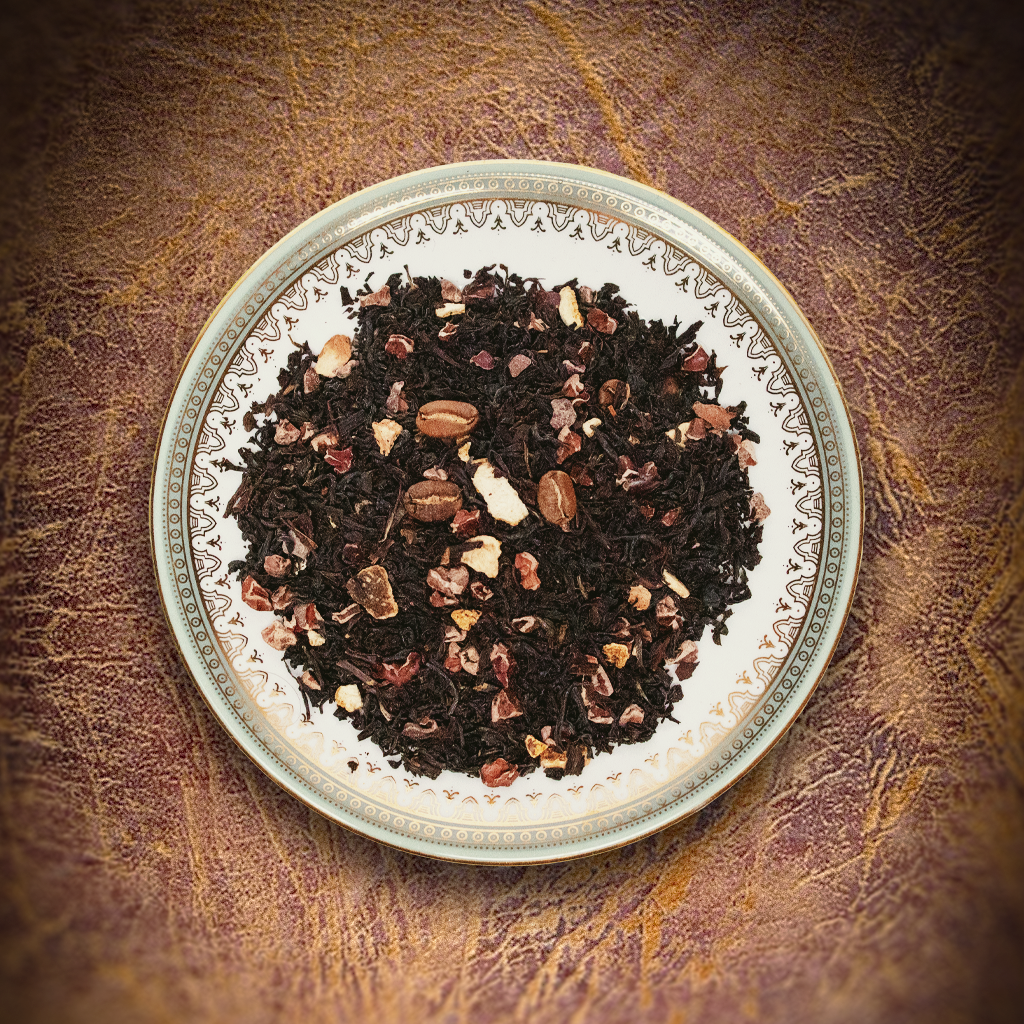 Thé noir Les Songes de van Goosens : café, cacao, orange et vanille vu du dessus - Les Comptoirs Imaginaires