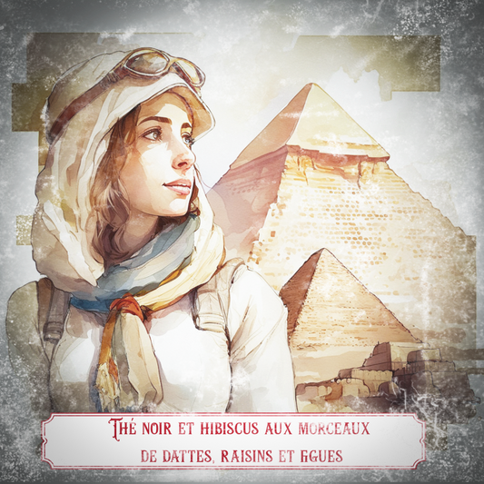 Etiquette Périple sur le Nil : thé noir, raisin, datte, figue, hibiscus - Les Comptoirs Imaginaires