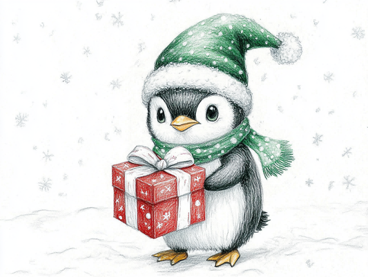 Un pingouin de Noël portant un cadeau dans la neige - Les Comptoirs Imaginaires